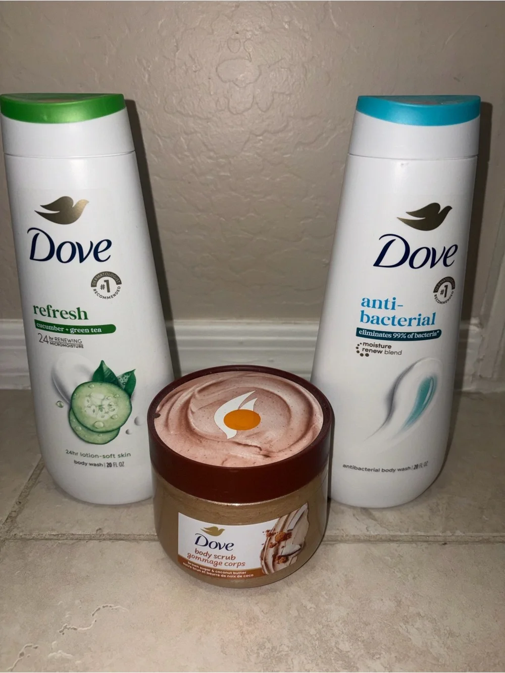 Dove Body Wash & Body Scrub Set - White with Green and Blue Accents